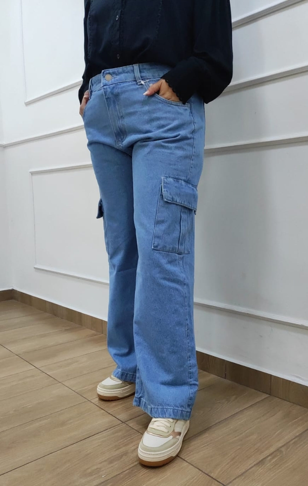 Calca wide leg cargo